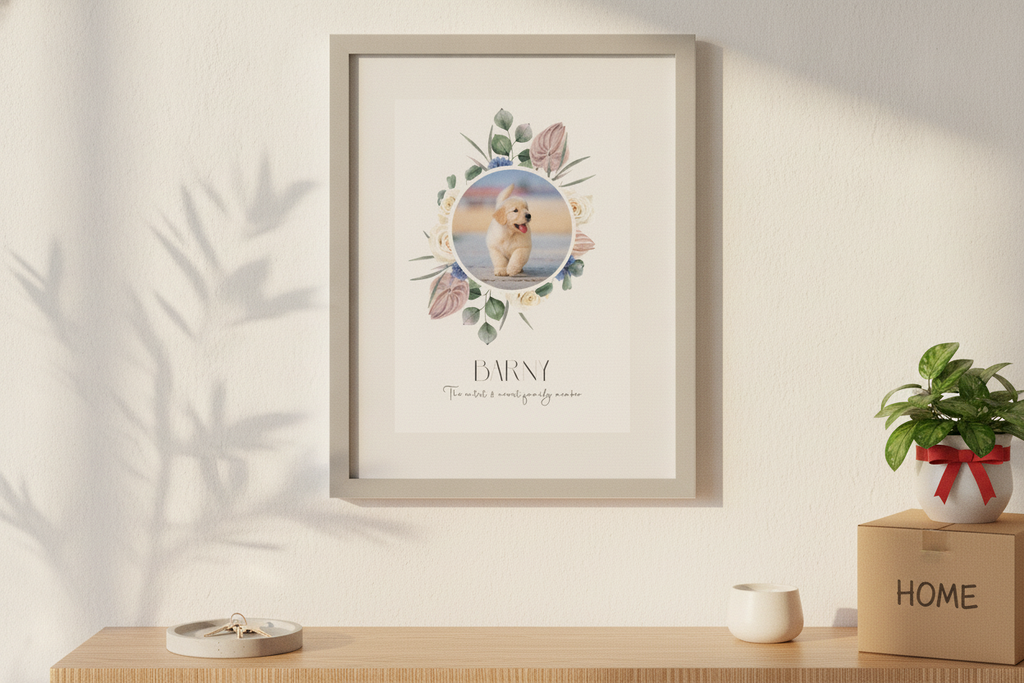 Personalised Botanical Wreath Portrait A3 Professional Print featuring a family photo and custom text. - lifestyle scene