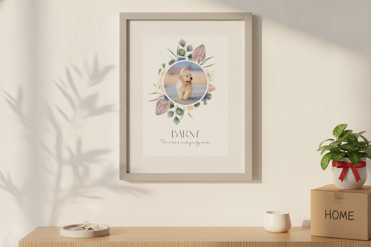 Personalised Botanical Wreath Portrait A3 Professional Print featuring a family photo and custom text. - lifestyle scene