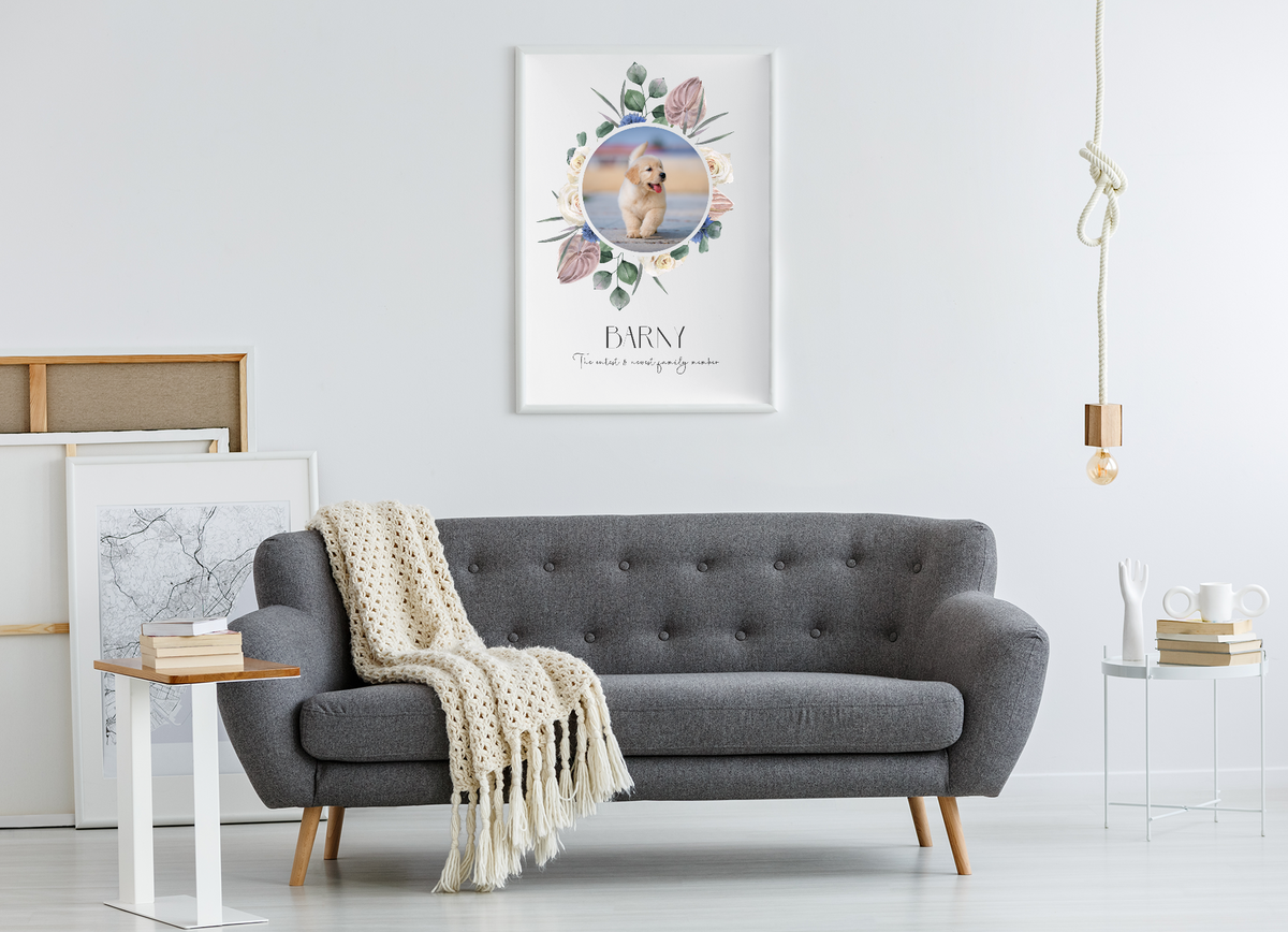 Personalised Botanical Wreath Portrait A3 Professional Print featuring a family photo and custom text. - hung sofa