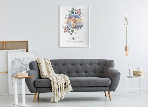Personalised Botanical Wreath Portrait A3 Professional Print featuring a family photo and custom text. - hung sofa