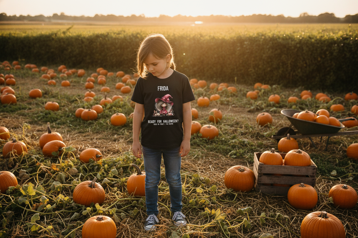 A child in the black Girl in the Red Dress Halloween Tee stands in a pumpkin patch with a wheelbarrow and wooden crate.