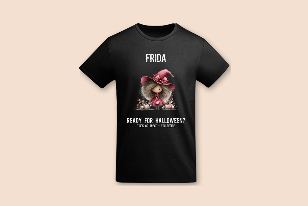 A black Girl in the Red Dress Halloween Tee is displayed flat, featuring a personalized name and Halloween graphic.