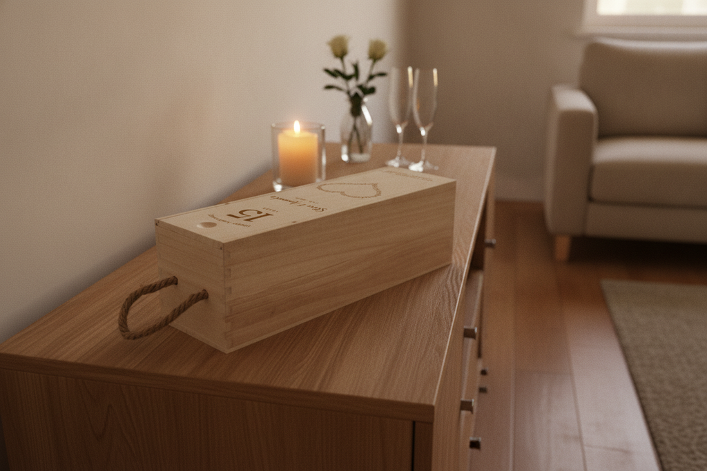 The musical heart anniversary wine box is shown at a three-quarter right angle, featuring a rope handle and personalised. - lifestyle scene