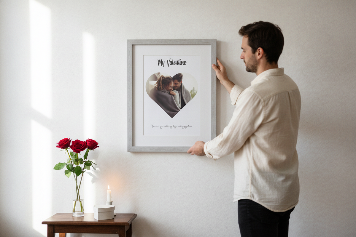 A framed "My Valentine" Heart Portrait Professional Print featuring a couple in a heart shape, with customisable text below, displayed in a living room setting. - lifestyle scene