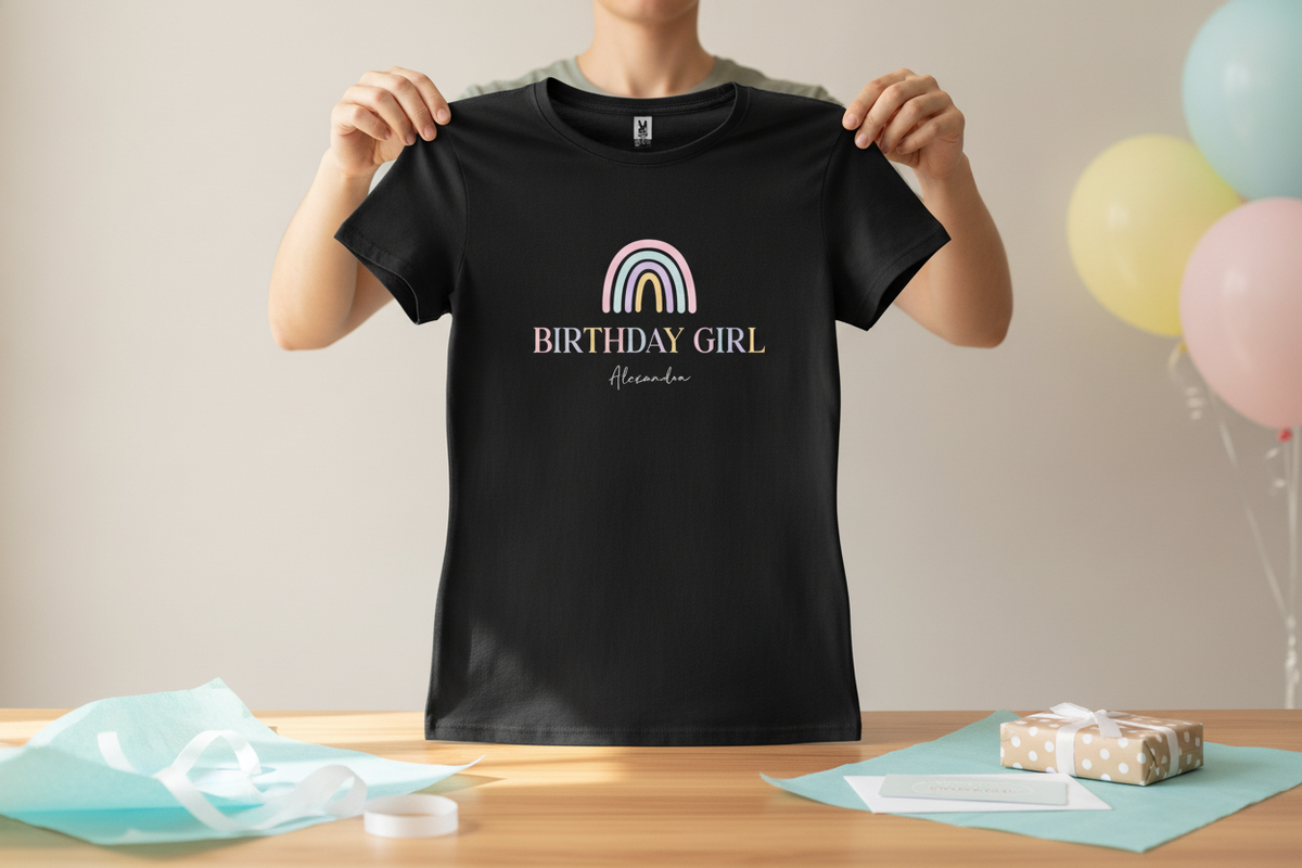A person holds up the black Pastel Rainbow Birthday Tee, revealing the pastel rainbow and "Birthday Girl Alexandra" text.