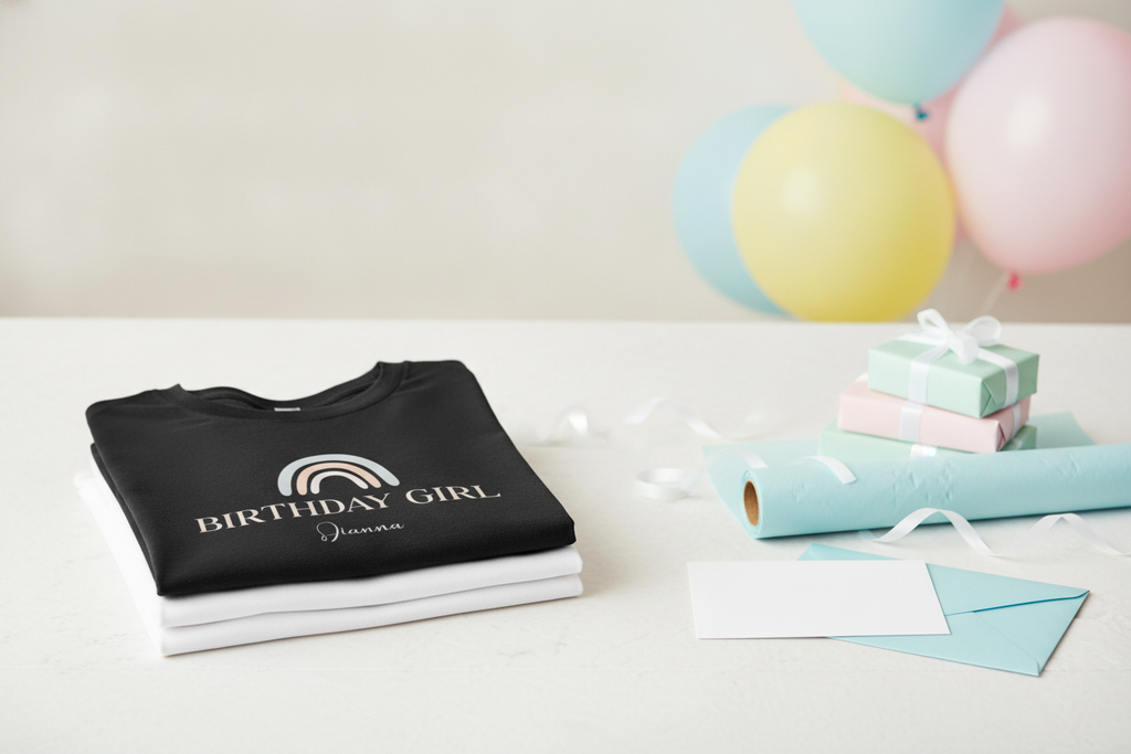 White women's t-shirt with a muted pastel rainbow and 'BIRTHDAY GIRL' text, personalised with a name. - lifestyle scene
