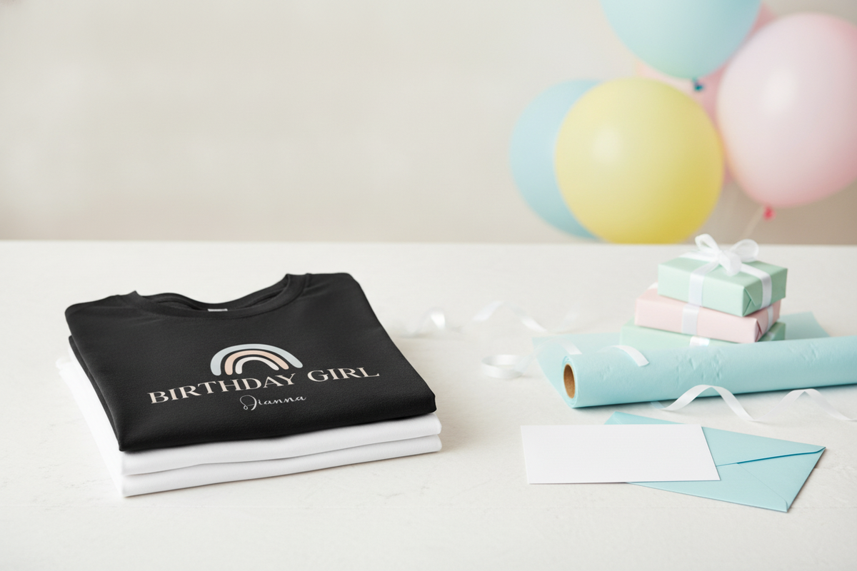 White women's t-shirt with a muted pastel rainbow and 'BIRTHDAY GIRL' text, personalised with a name. - lifestyle scene
