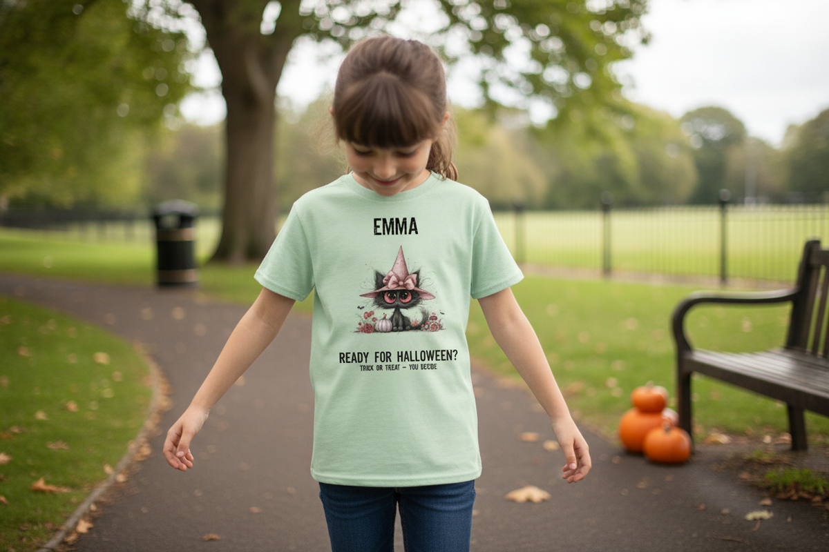 A child wears the light green Pink Pumpkin Cat - Halloween Tee while standing on a path in a park.