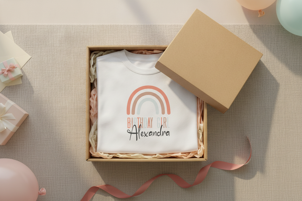 Slim Rainbow Birthday Girl Tee with a muted rainbow design and customisable name, perfect for women's birthday celebrations. - lifestyle scene