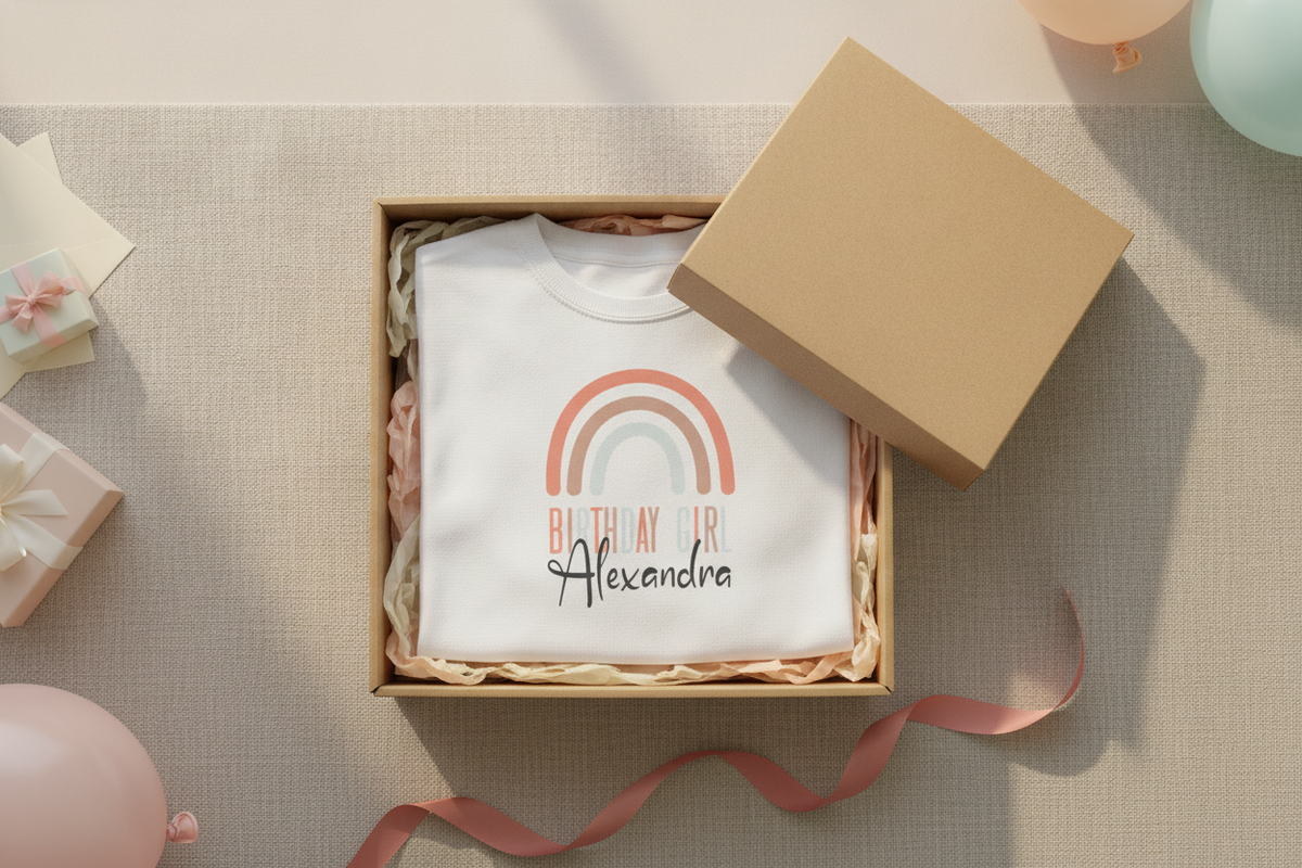 Slim Rainbow Birthday Girl Tee with a muted rainbow design and customisable name, perfect for women's birthday celebrations. - lifestyle scene