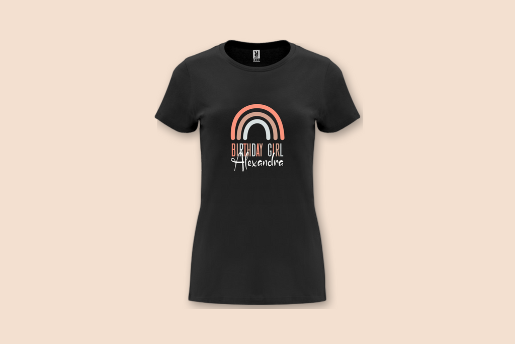 Front view of the Slim Rainbow Birthday Girl Tee in black, featuring a pastel rainbow and 'Birthday Girl Alexandra' text.
