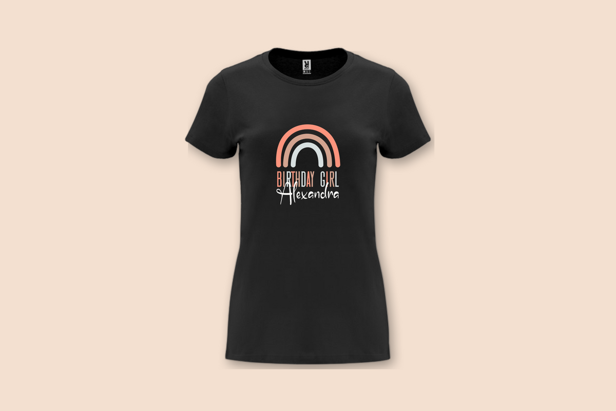 Front view of the Slim Rainbow Birthday Girl Tee in black, featuring a pastel rainbow and 'Birthday Girl Alexandra' text.