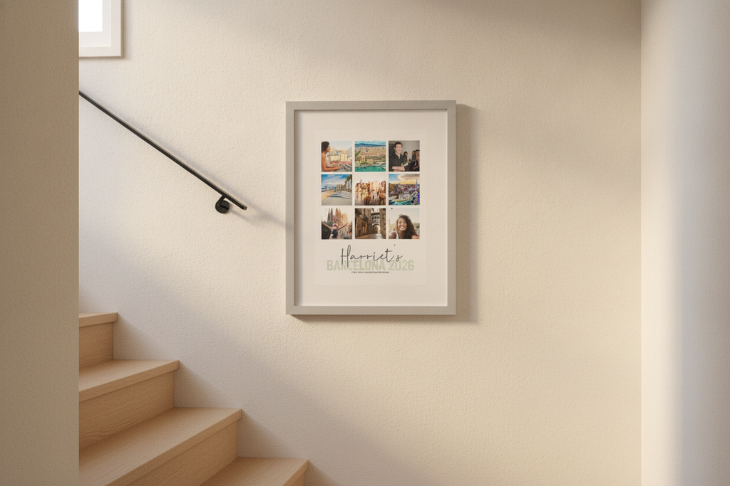 Personalised Summer Escapes 9-Photo A3 Professional Print displaying nine custom photos and a custom name/message at the bottom. - lifestyle scene