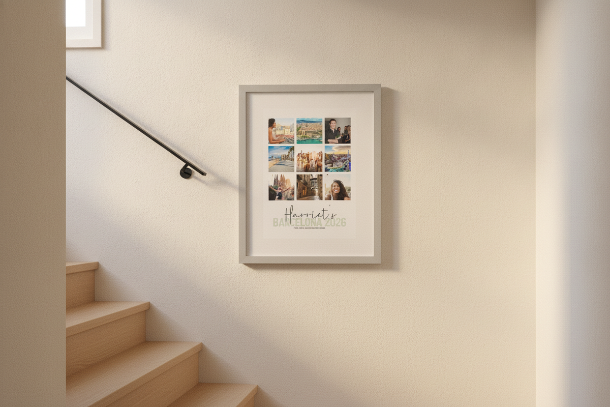 Personalised Summer Escapes 9-Photo A3 Professional Print displaying nine custom photos and a custom name/message at the bottom. - lifestyle scene