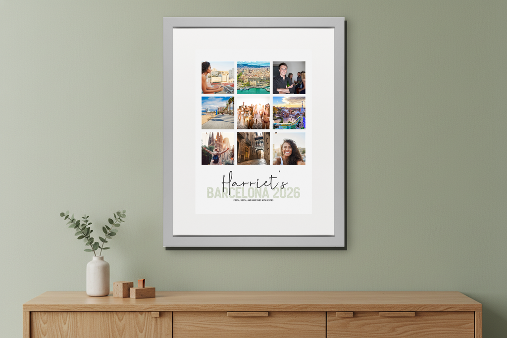 Personalised Summer Escapes 9-Photo A3 Professional Print displaying nine custom photos and a custom name/message at the bottom. - framed sage sideboard