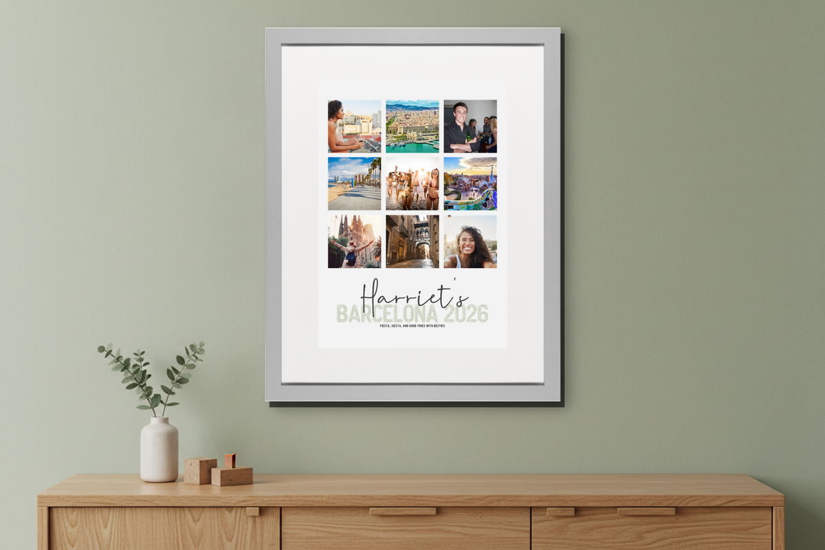 Personalised Summer Escapes 9-Photo A3 Professional Print displaying nine custom photos and a custom name/message at the bottom. - framed sage sideboard
