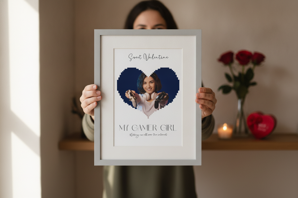 A framed "Sweet Valentine" Pixel Heart Professional Print featuring a personalised photo in a heart shape and custom text. - lifestyle scene