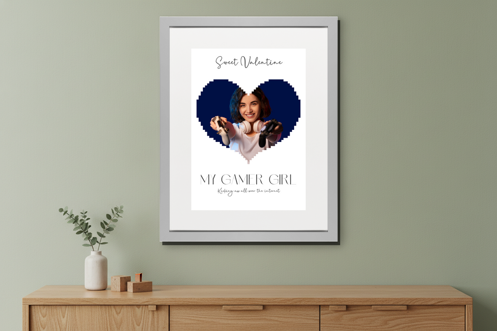 A framed "Sweet Valentine" Pixel Heart Professional Print featuring a personalised photo in a heart shape and custom text. - framed sage sideboard