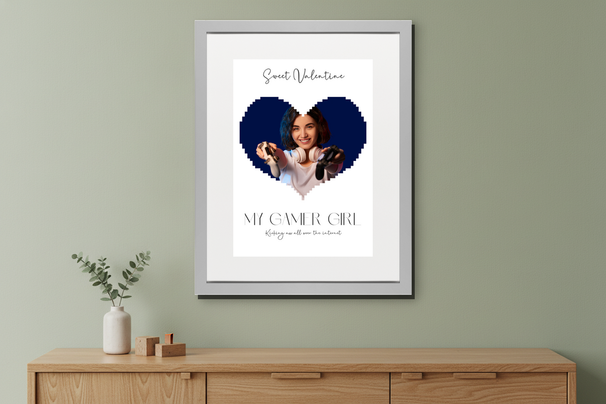 A framed "Sweet Valentine" Pixel Heart Professional Print featuring a personalised photo in a heart shape and custom text. - framed sage sideboard