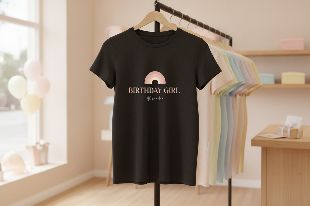 A black "The Pinks" Birthday Girl Rainbow Tee hanging on a shop rail with other pastel-coloured shirts in the background.