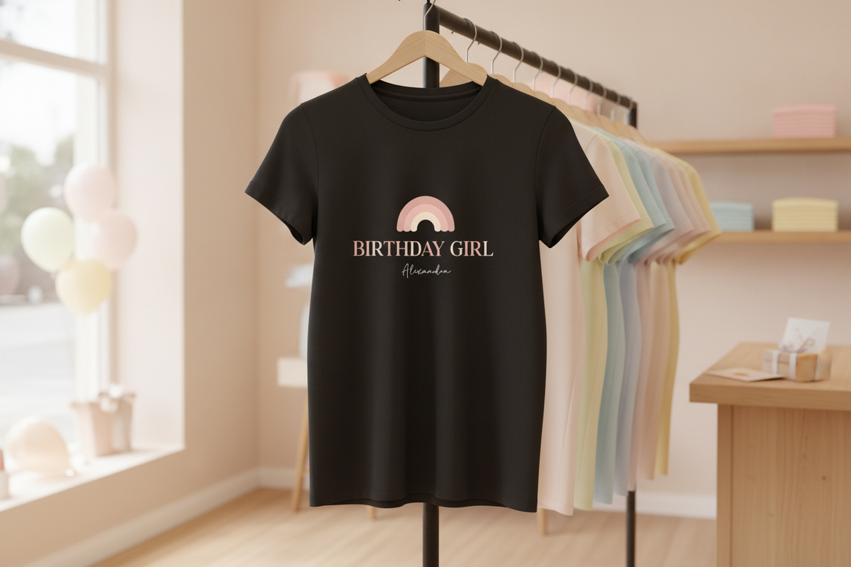 A black "The Pinks" Birthday Girl Rainbow Tee hanging on a shop rail with other pastel-coloured shirts in the background.