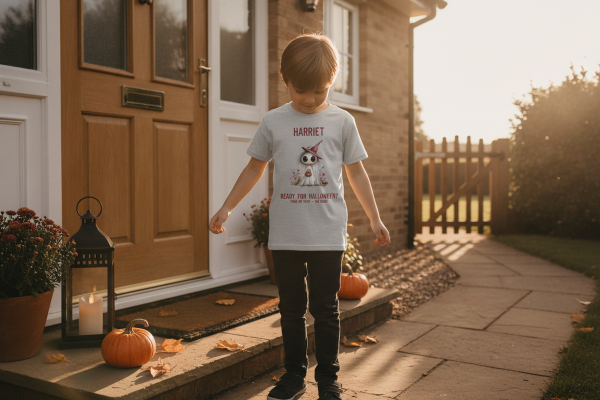 A young boy wears the grey White Angel with Pink Hat, Halloween Tee while standing on a doorstep with pumpkins and autumn.