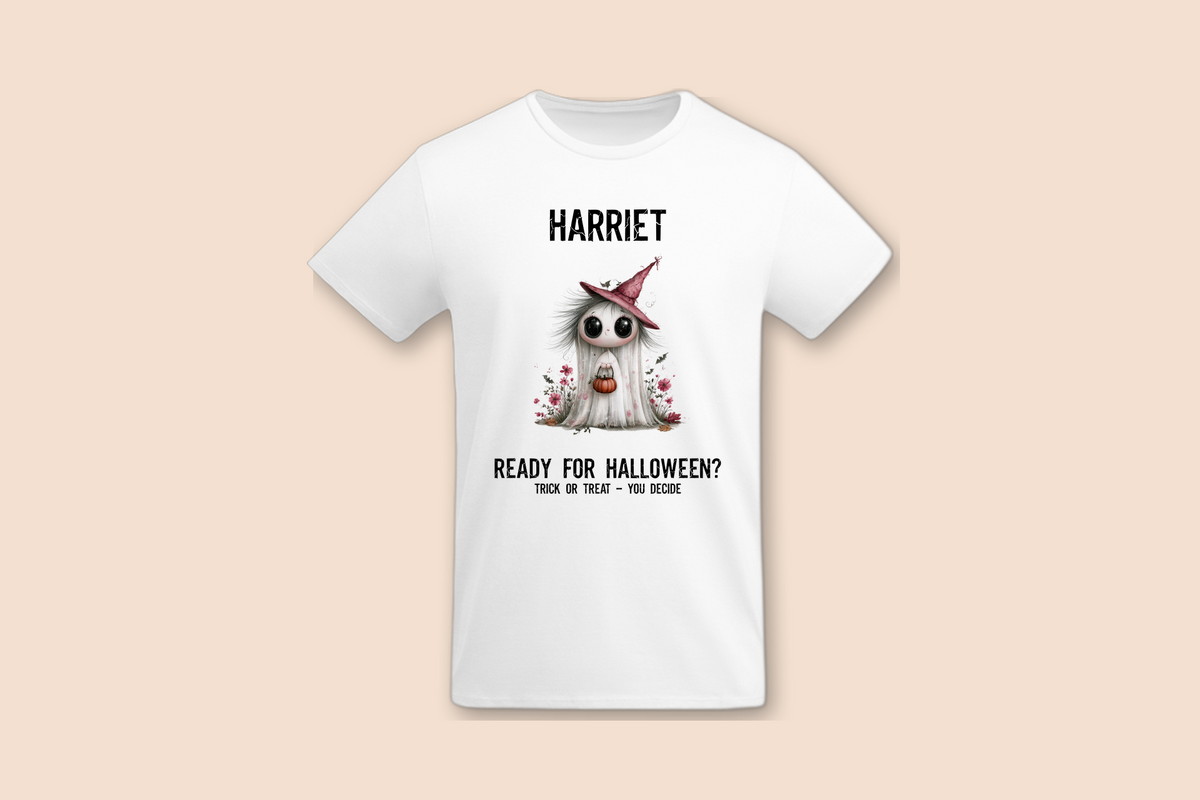 A white White Angel with Pink Hat, Halloween Tee is displayed flat, featuring a ghost-like angel with a pink witch hat and.