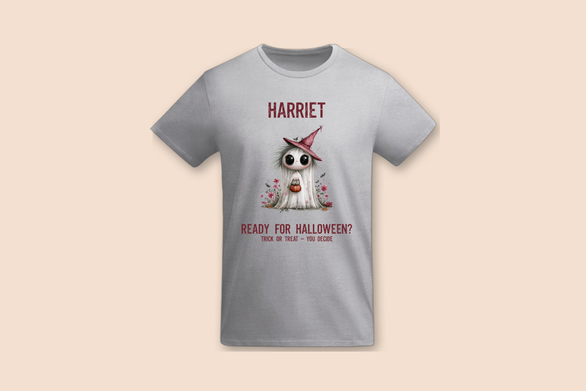 This grey White Angel with Pink Hat, Halloween Tee is shown flat, featuring a cute angel graphic with a pink hat and 'READY.